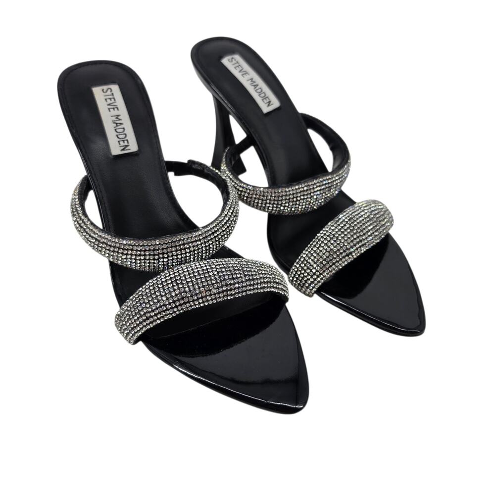 NWOT Steve Madden Black Rhinestone Harperr Pointed Toe Heeled Slide Sandals Sz 7
